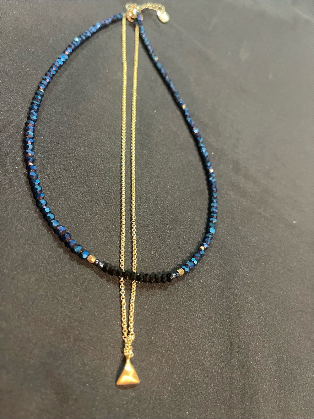 Gold Triangle Pendant Layered with Blue Crystal Bead Necklace